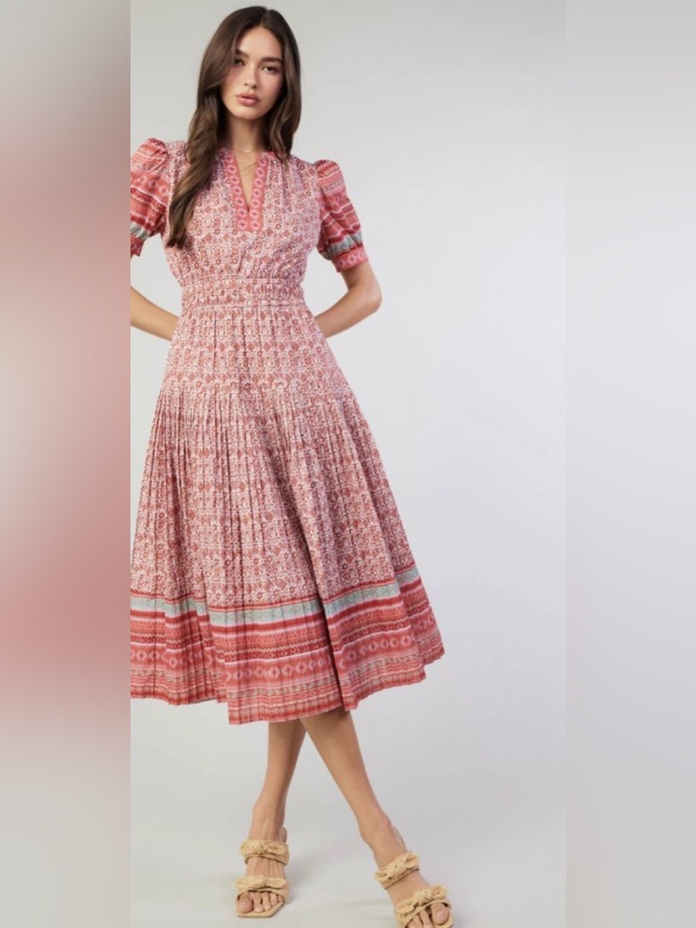 Current Air Lillian Midi Dress Pink Floral Split Neck Cottagecore Dress Medium